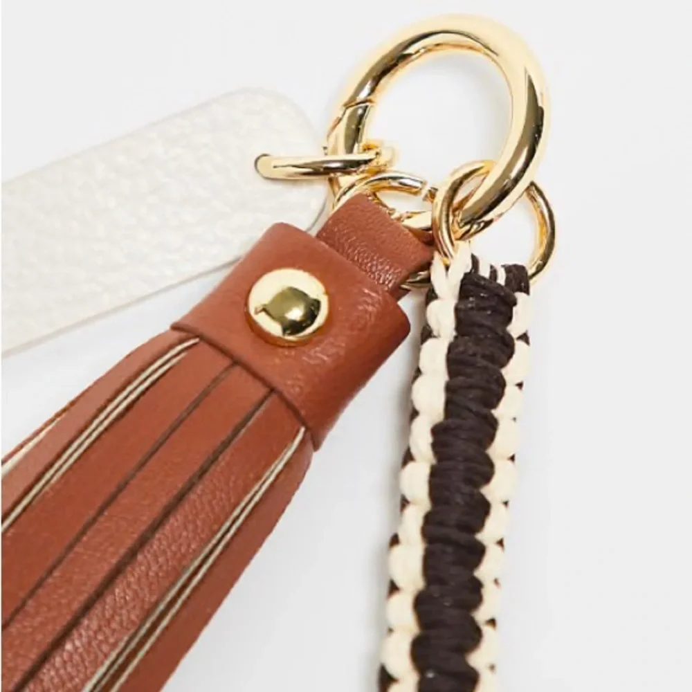 Brown & Cream Braided Leather Tassel Bag Charm Keychain